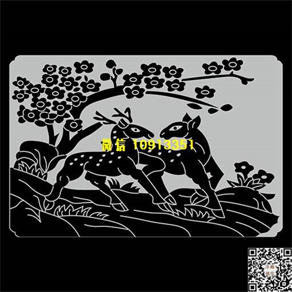 精雕图258梅花鹿栏板精雕图线雕图线条图单线铣底图_电脑雕刻plt文泰矢量图精雕图浮雕图